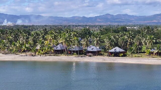 Aerial View Of Resort And Hotel At Wailoaloa Beach In Fiji. Tourist destination.
