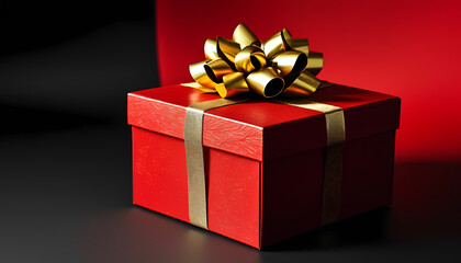 red gift box with golden bow,black background