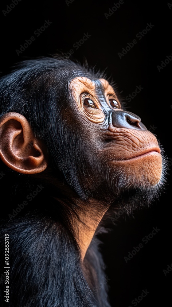 Poster a close-up profile of a young primate with expressive features against a dark background.