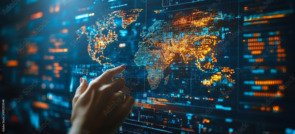 Poster global data analysis and visualization on digital world map interface