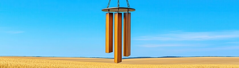 Rustic metal wind chime swaying in the breeze, harmonious tones captured visually, expressive countryside tranquility concept