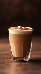 A glass of creamy coffee topped with froth and cocoa powder.