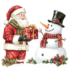 Santa delivers joyful gifts to a cheerful snowman in a winter wonderland scene
