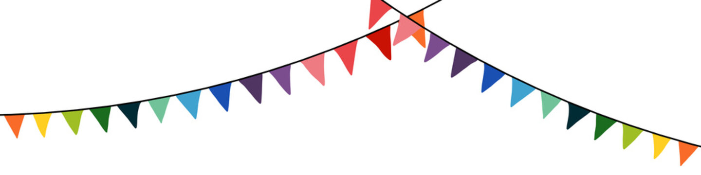 festive Flag garland isolated on white. multicolored decorative triangle Flag chain png.