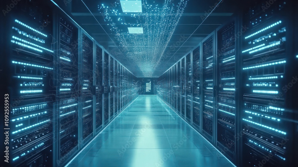 Poster illuminated server room data center corridor