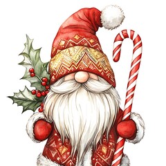 Celebrate the joy of christmas with a charming santa claus holding a candy cane and holly leaves