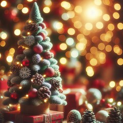 Obraz premium Decorated Christimas Tree and Festive Lightning - Tree decorated with Ornaments, Baubles and Topper - Christmas Tree on Diffused Bokeh Background with Gifts and Presents