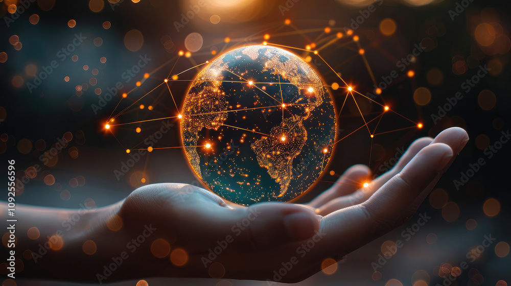 Aufkleber A digital globe hovering above a hand, symbolizing global connectivity and technology. represented as a wireframe structure with illuminated nodes, indicating interconnectedness across continents.