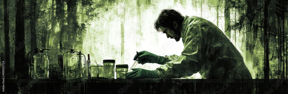 Aufkleber A scientist in a lab coat conducts experiments in a green, forest-like environment.