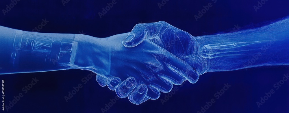 Poster a digital handshake symbolizing collaboration between humans and technology.