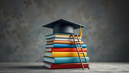Educational milestone graduation caps atop colorful books study room digital illustration inspirational concept