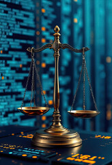 Justice balance digital data center legal concept modern environment close-up viewpoint technology integration