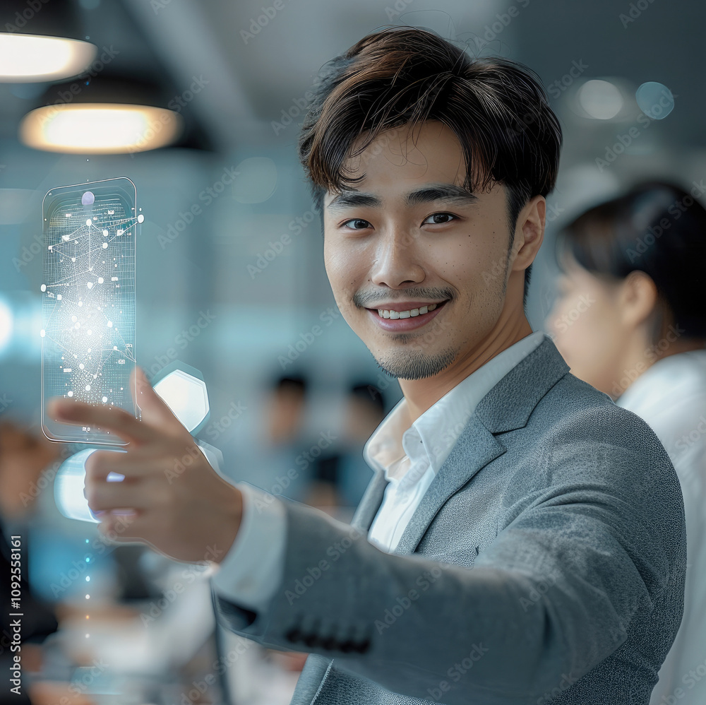 Poster young asian man, dressed in smart grey business attire, reaching out to a white background to touch 