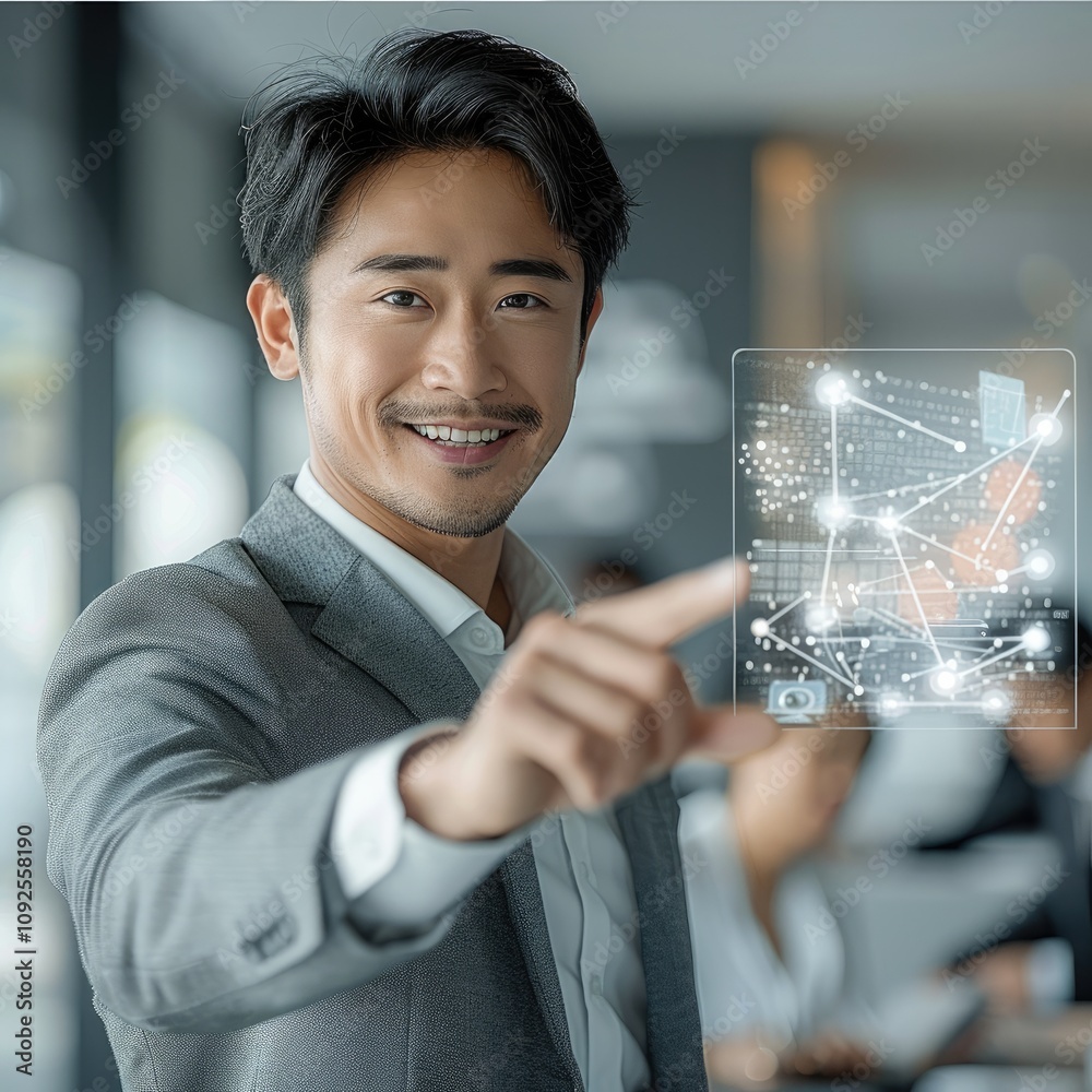 Poster young asian man, dressed in smart grey business attire, reaching out to a white background to touch 