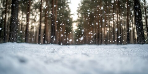 Fototapeta premium A snowy winter landscape with a blurred background of tall pine trees under a serene golden sunset