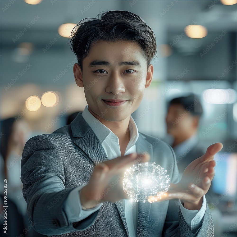Poster young asian man, dressed in smart grey business attire, reaching out to a white background to touch 