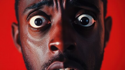 A close-up of a man's face with wide eyes, conveying shock or fear against a red background.