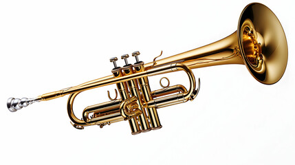 Obraz premium 3D Render of a Golden Trumpet, Musical Instrument, Brass, Valves, Shiny, Isolated on White Background