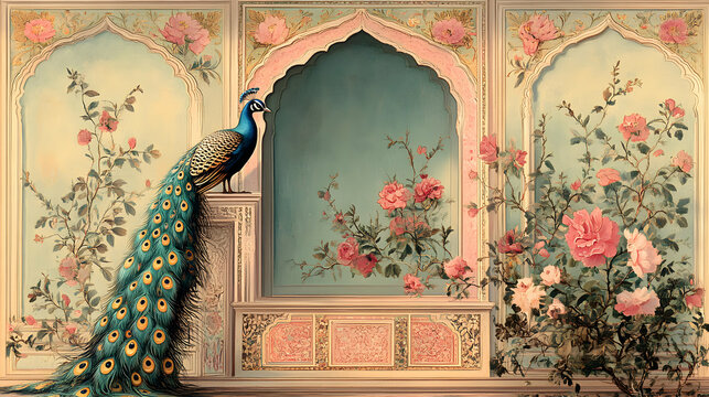 Fototapeta Elegant Peacock Perched amidst Blooming Roses in a Vintage Architectural Setting