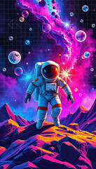 Astronaut exploring colorful cosmic landscape outer space digital art vibrant environment surreal viewpoint imagination