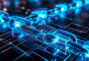 Fototapeta premium Glowing Digital Chain with Data Blocks – Symbolizing Blockchain and Secure Data Links