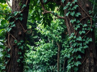 Fototapeta premium Dense jungle vine wraps around tree trunk and branch, liana, jungle vines, nature photography