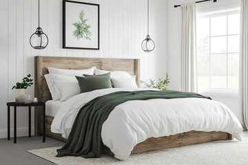 Design a bright and cozy modern farmhouse master bedroom with white walls. The bed features The Driftless Platform Bed Frame with an extra-wide headboard, generative ai