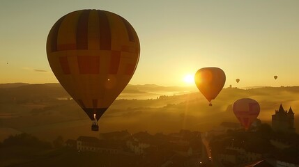 Obraz premium Close up colorful big hot air balloons flying over beautiful village landscape at sunrise