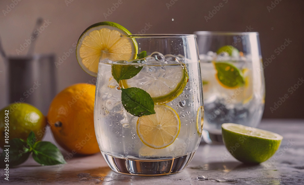 Poster glass of water with a lime wedge in it. there are two glasses of water on the table