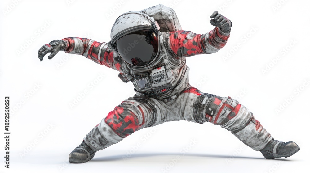 Aufkleber a futuristic astronaut in a dynamic pose, showcasing a unique red and white space suit design.
