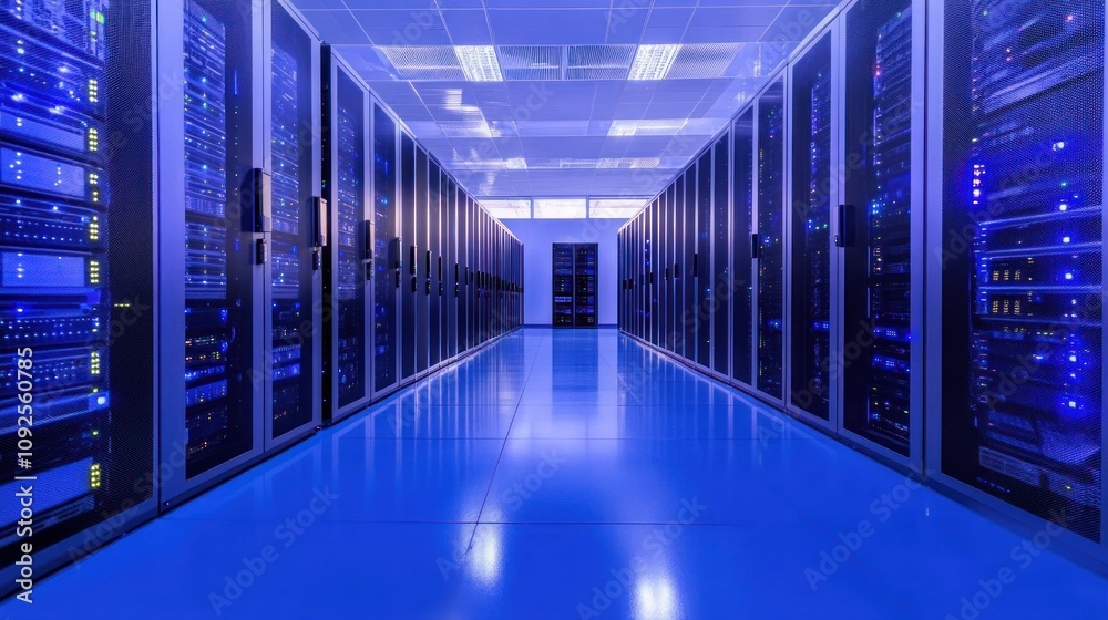 Poster rows of servers illuminate modern data center