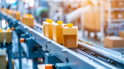 Close up of group cartons at automatic conveyor belt in a row