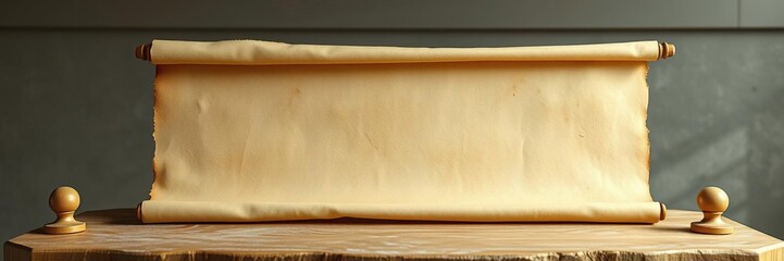 Dusty parchment scroll on wooden pedestal, dusty tomes, old manuscripts, parchment cases