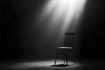 low-key spotlight on a black chair in a dark empty room solitude and introspection concept. 4k image