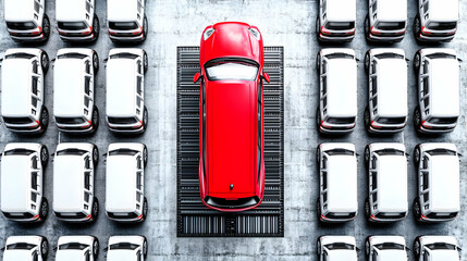 A Red SUV Stands Out Among a Sea of White Cars in a Factory Setting, 3D Illustration