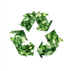 Green recycling symbol made of fresh green leaves, representing eco-friendly practices and sustainability.