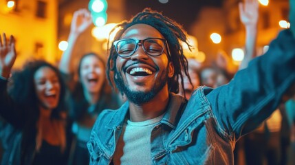 A joyful group of people celebrating at night, with one man smiling brightly.