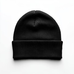 Stylish black beanie hat on a white background, perfect for winter fashion.