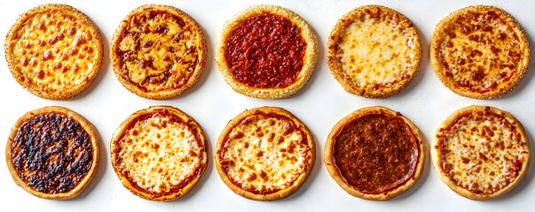 Ten Mini Pizzas Arranged on White Background: A Delicious Culinary Illustration