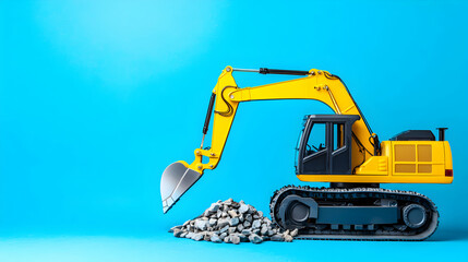 A bright yellow excavator toy is digging into a pile of rocks, set against a vibrant blue background.