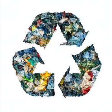 Colorful fabric scraps arranged in a recycle symbol, representing sustainable fashion and textile recycling efforts.