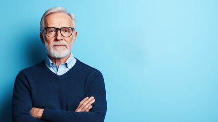 Elderly Man with Glasses Against Blue Background