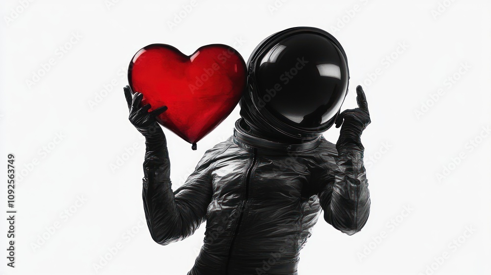 Poster A figure in a black spacesuit holds a large red heart against a white background.