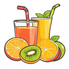 Two vibrant fruit juices with colorful straws, surrounded by fresh slices of kiwi, orange, and lime.