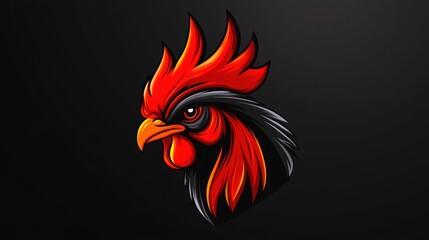 Obraz premium A stylized rooster head in red and black, looking to the left, on a dark gray background.
