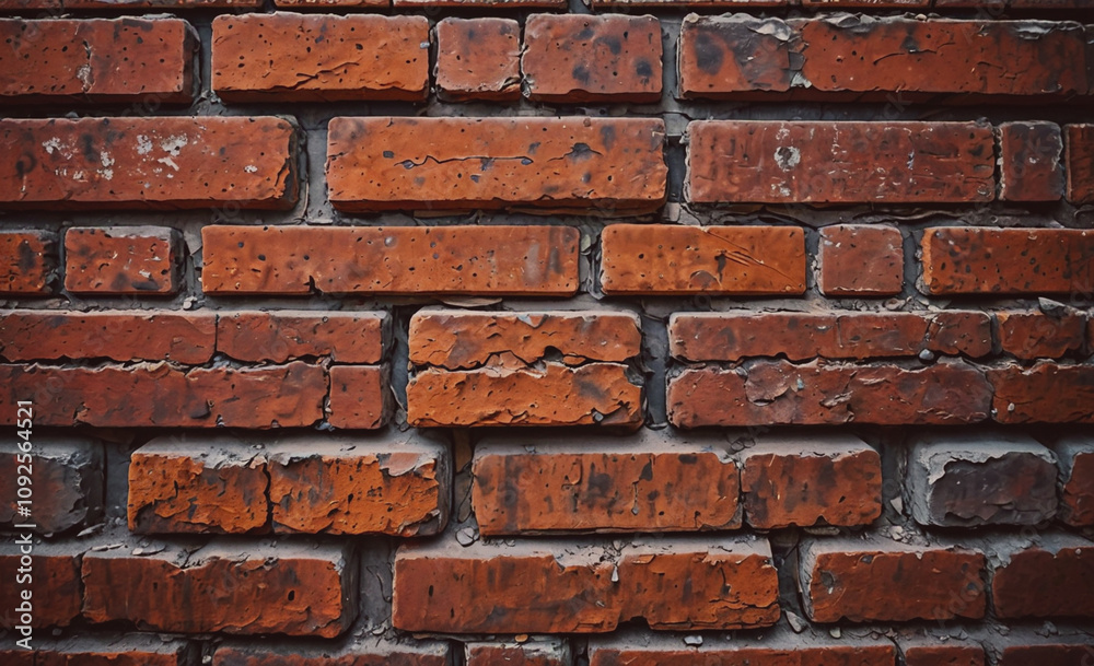 Poster brick wall with a few missing bricks. the wall is brown in color. the bricks are not in a perfect li