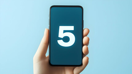 A hand holds a smartphone displaying the number five on a light blue background.