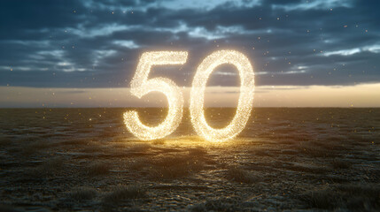 A glowing number "50" stands prominently against a dramatic sky, symbolizing celebration or milestone moments.