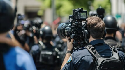 A cameraman films a crowd of people from behind, capturing the scene with a professional camera.