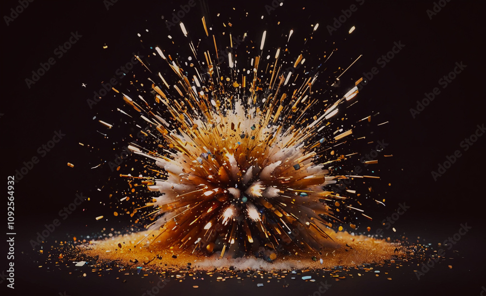 Poster Large explosion is shown in the image. The explosion is made up of many small pieces of gold and other materials